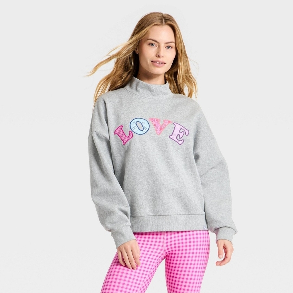 JoyLab Women's Valentine's Day Mock Neck Sweatshirt - Heathered Gray